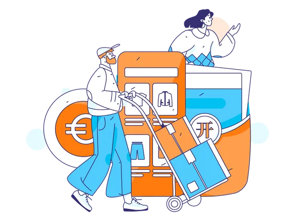 Girl doing online shopping using mobile while man holding logistic cart  일러스트레이션