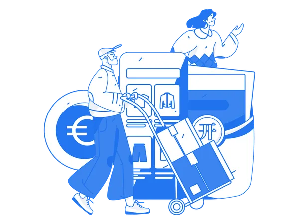 Girl doing online shopping using mobile while man holding logistic cart  Illustration