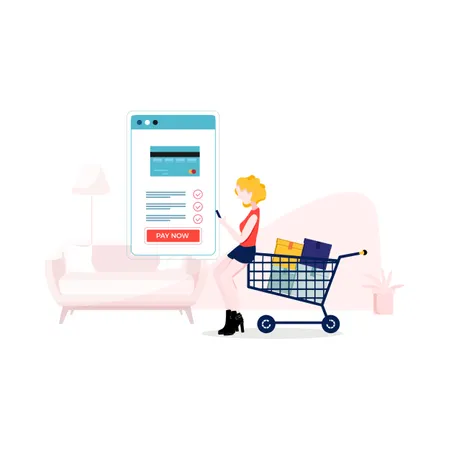 Samrtphone을 사용하여 온라인 쇼핑을 하는 소녀  일러스트레이션