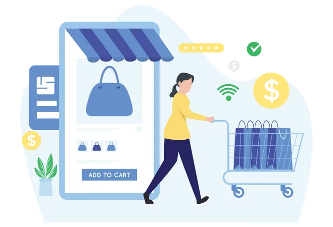 Girl doing Online Shopping using shopping App  Illustration