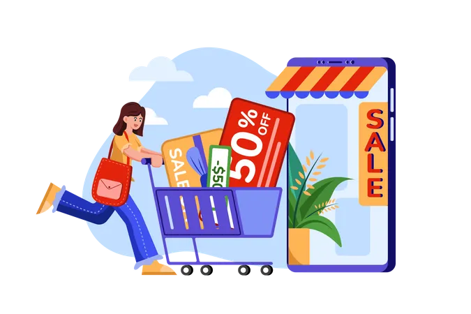 Girl doing online shopping with discount  Illustration