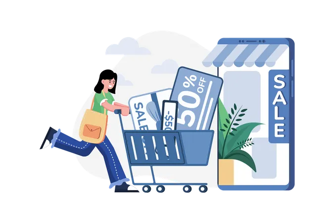 Woman Applying Voucher For A Discount On Online Shopping Illustration