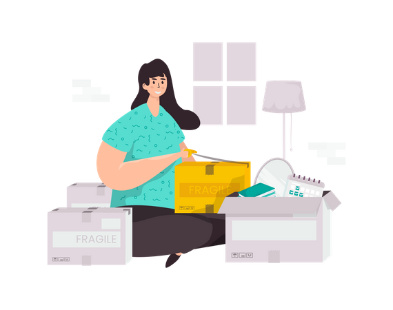 Girl doing packing for house shifting  Illustration