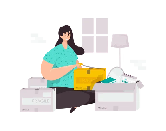 Girl doing packing for house shifting  Illustration