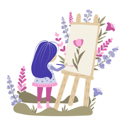 Girl doing painting with paintbrush  Illustration