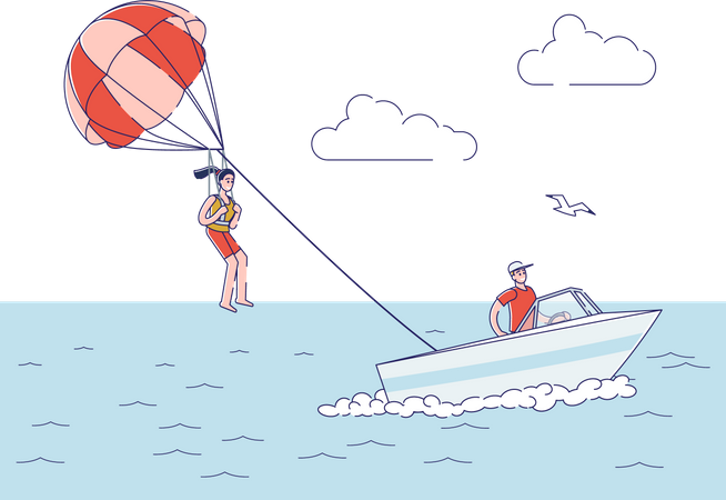 Girl doing paragliding at beach Illustration