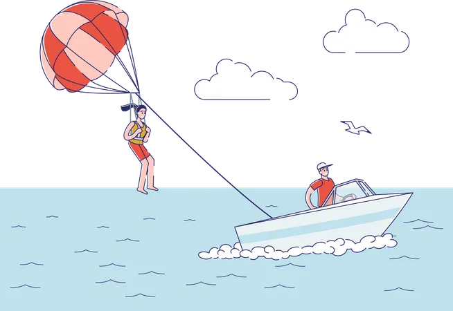 Girl doing paragliding at beach Illustration