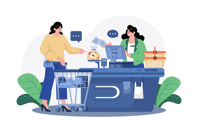 Girl doing payment at the checkout counter Illustration