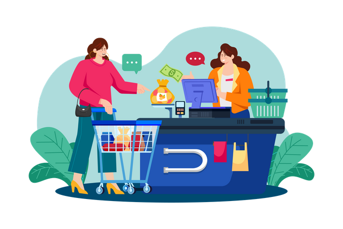 Girl doing payment at the checkout counter  Illustration