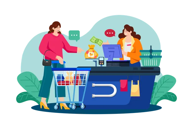 Girl doing payment at the checkout counter  Illustration