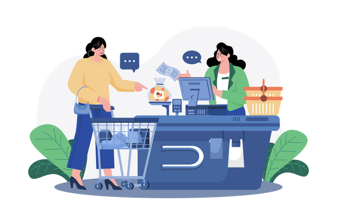 Girl doing payment at the checkout counter  Illustration