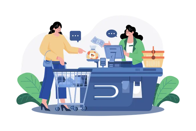 Girl doing payment at the checkout counter  Illustration