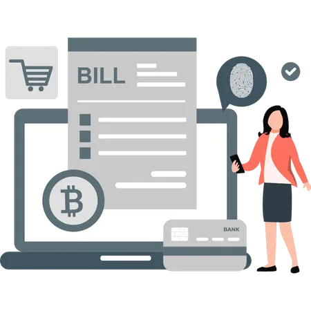 Girl doing payment bill with bitcoin  Illustration