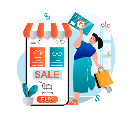 Girl doing payment for online shopping app  Illustration