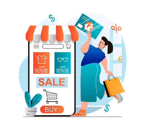 Girl doing payment for online shopping app  Illustration