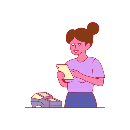 Girl doing payment using invoice machine  Illustration