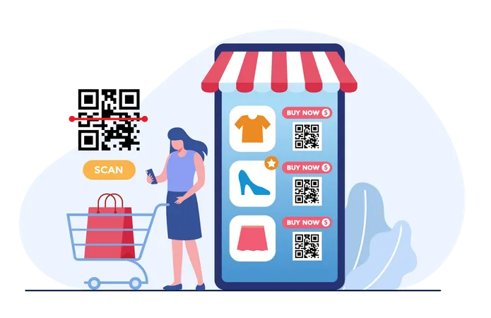 Girl doing payment using QR Code payment Illustration