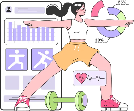 Girl doing physical activities while doing fitness analysis  일러스트레이션