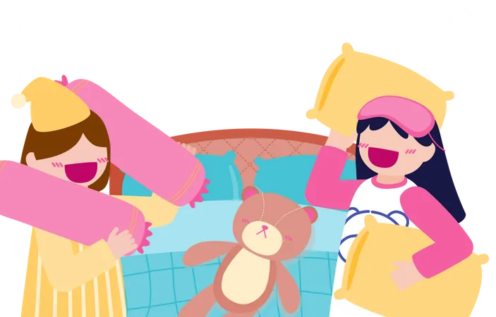 A Group Of Girls Organize A Pajama Party They Dressed In Beautiful Pajamas And Flirted With Each Other With Pillows And Bolsters Illustration
