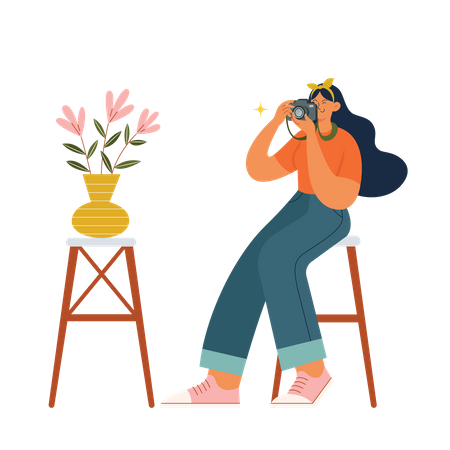 Girl doing plant pot photography  Illustration