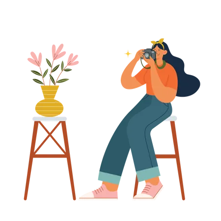 Girl doing plant pot photography  Illustration