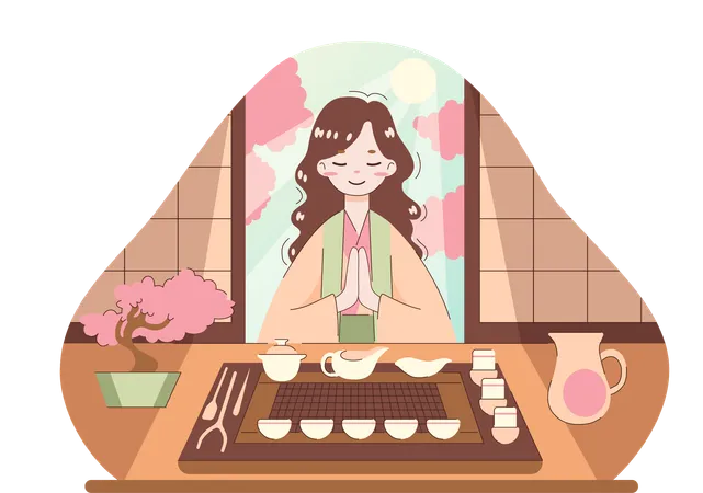 Girl doing prayer before lunch  Illustration