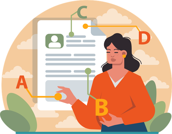 Girl doing Process of writing successful resume for job application  Illustration