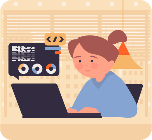 Girl doing programming work on laptop  Illustration