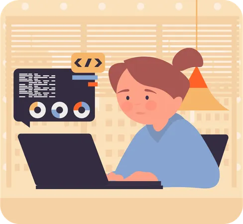 Girl doing programming work on laptop  Illustration