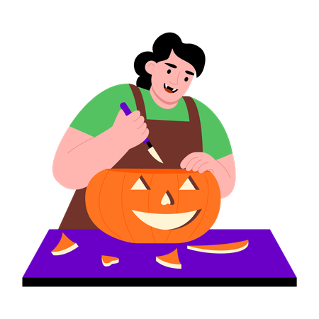 Girl doing pumpkin cutting  Illustration
