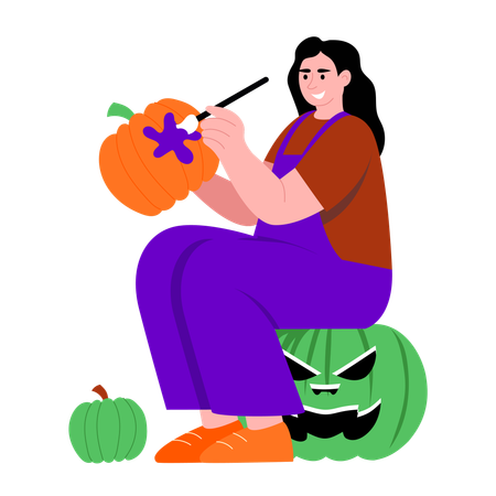 Girl doing pumpkin painting  Illustration