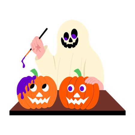 Girl doing pumpkin painting  Illustration