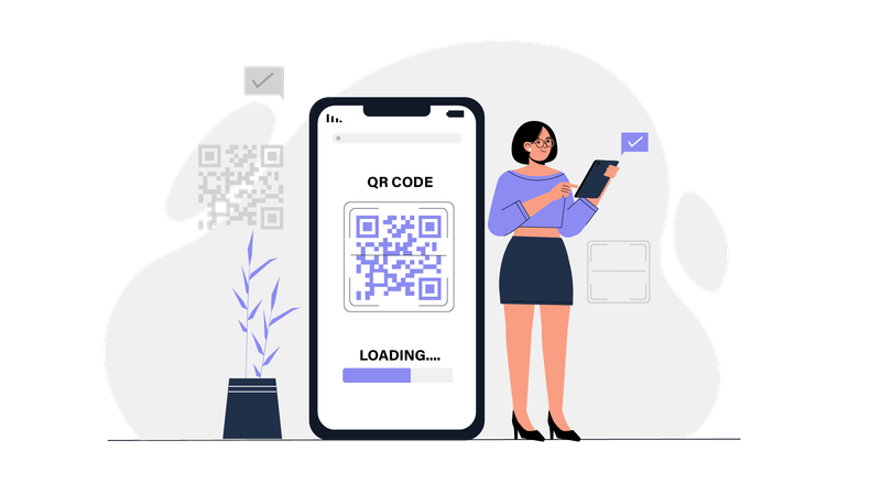 Girl doing qr code payment while checking qr code loading process  Illustration