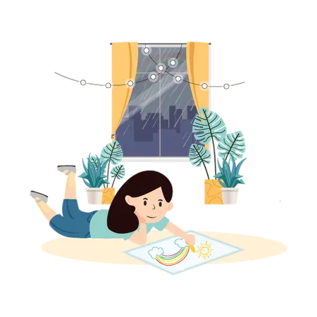 Girl doing Rainy Day Art  Illustration