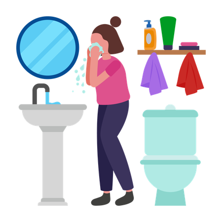 Girl doing Refreshing Face Wash Routine  Illustration