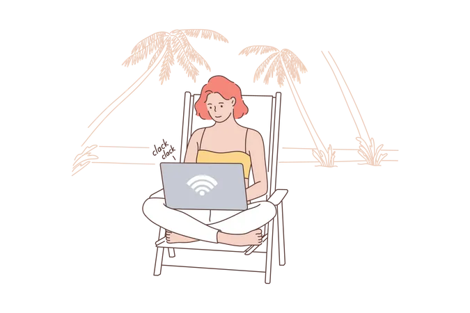 Holiday Business Freelance Recreation Concept Girl Freelancer Businesswoman Sitting On Ocean Beach With Laptop Using Free Wi Fi Hotspot Wireless Internet Connection Remote Working On Vacation Illustration