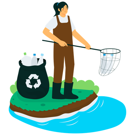 Girl doing River Cleanup  Illustration