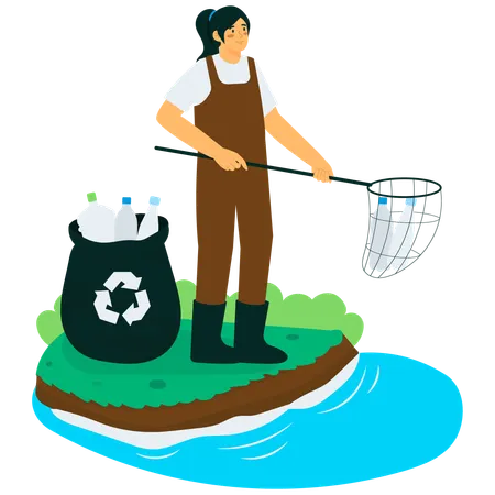 Girl doing River Cleanup  Illustration
