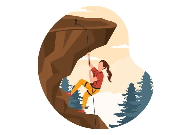 Mountain Rock Climbing Cartoon Illustration With Climber Climbs Wall Or Mountainous Cliff Use Equipment On A Nature Landscape Background Illustration