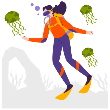 Girl doing scuba diving with jellyfish  Illustration