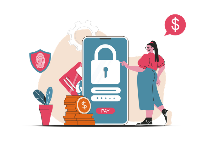 Girl doing secure payment by mobile app Illustration
