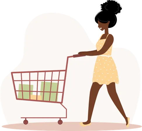 Woman Shopping Happy African Girl With Cart And Bags Vector Cartoon Illustration Isolated On White Background Promotion And Sale Template Illustration