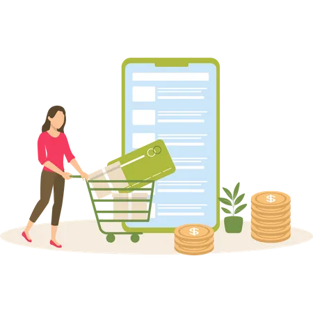 A Girl With A Trolley Doing Online Shopping Illustration
