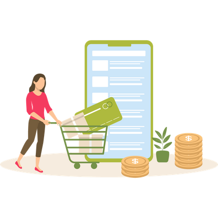 Girl doing shopping by mobile  Illustration