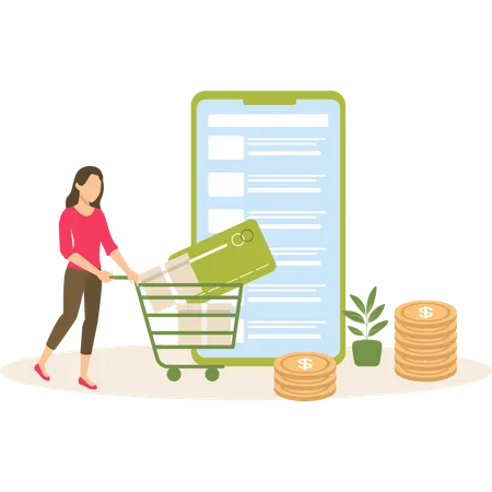 Girl doing shopping by mobile  Illustration