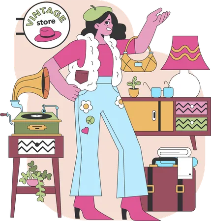 Girl doing shopping from vintage store  Illustration
