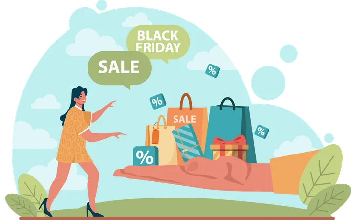 Girl doing shopping in black friday shopping  Illustration