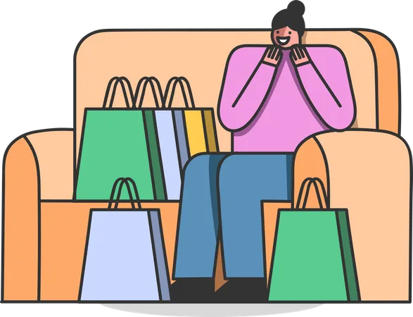 Happy Woman With Shopping Bags Sitting On Coach Online Shopping And Delivery Concept Internet Retail Store Promotion And Sale Cartoon Lady With Purchases At Home Flat Vector Illustration Illustration