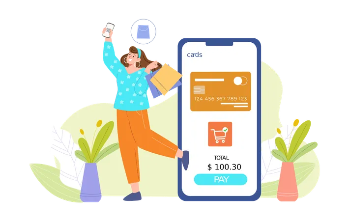 Girl doing shopping payment using card  Illustration