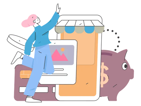 Girl doing shopping payment using mobile  Illustration